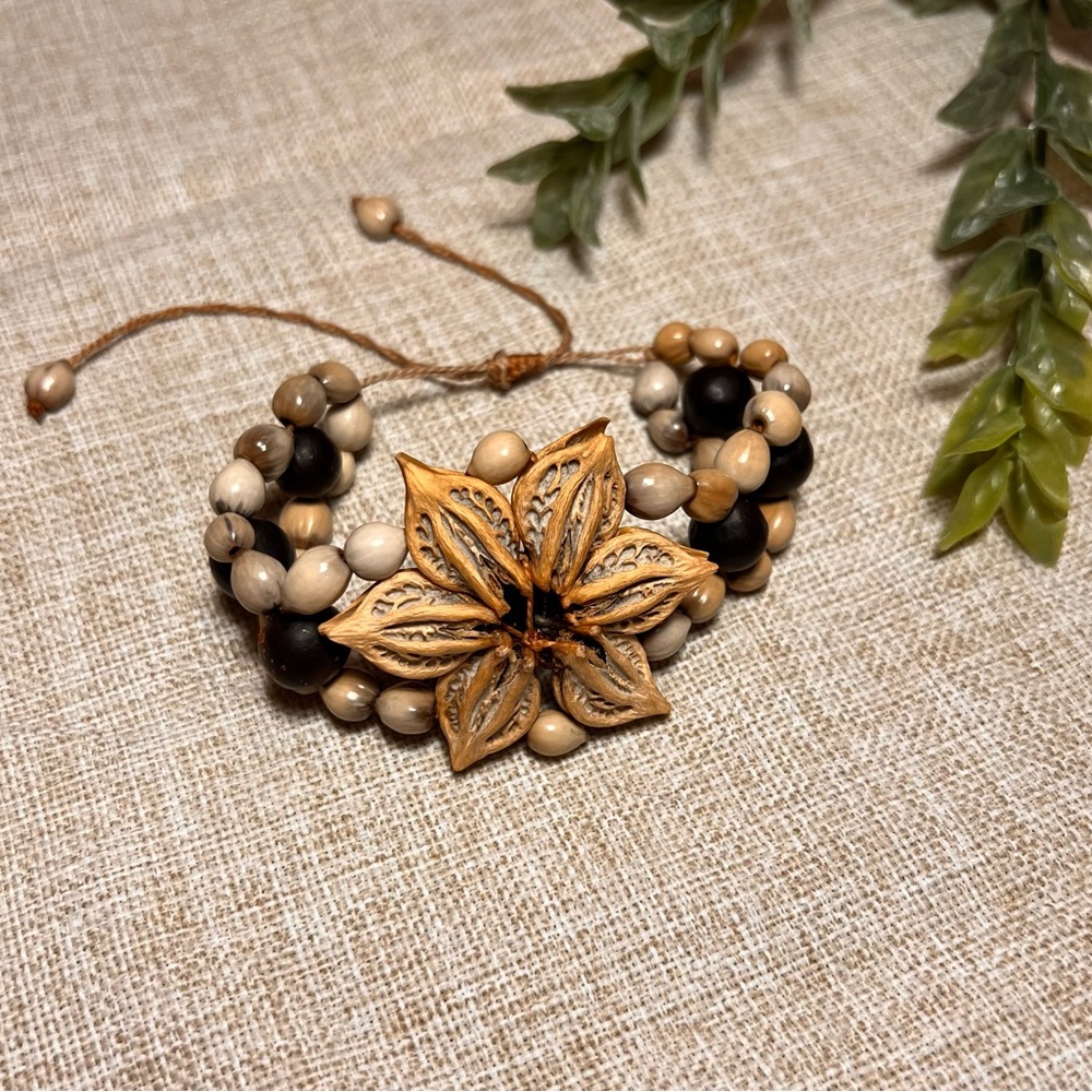 Natural Wooden Beaded Hawaiian Brown Flower Pod Boho Bracelet